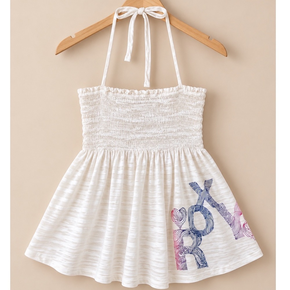 Roxy White Smocked Halter babydoll Top Peplum Burnout Stripe Logo Graphic Large